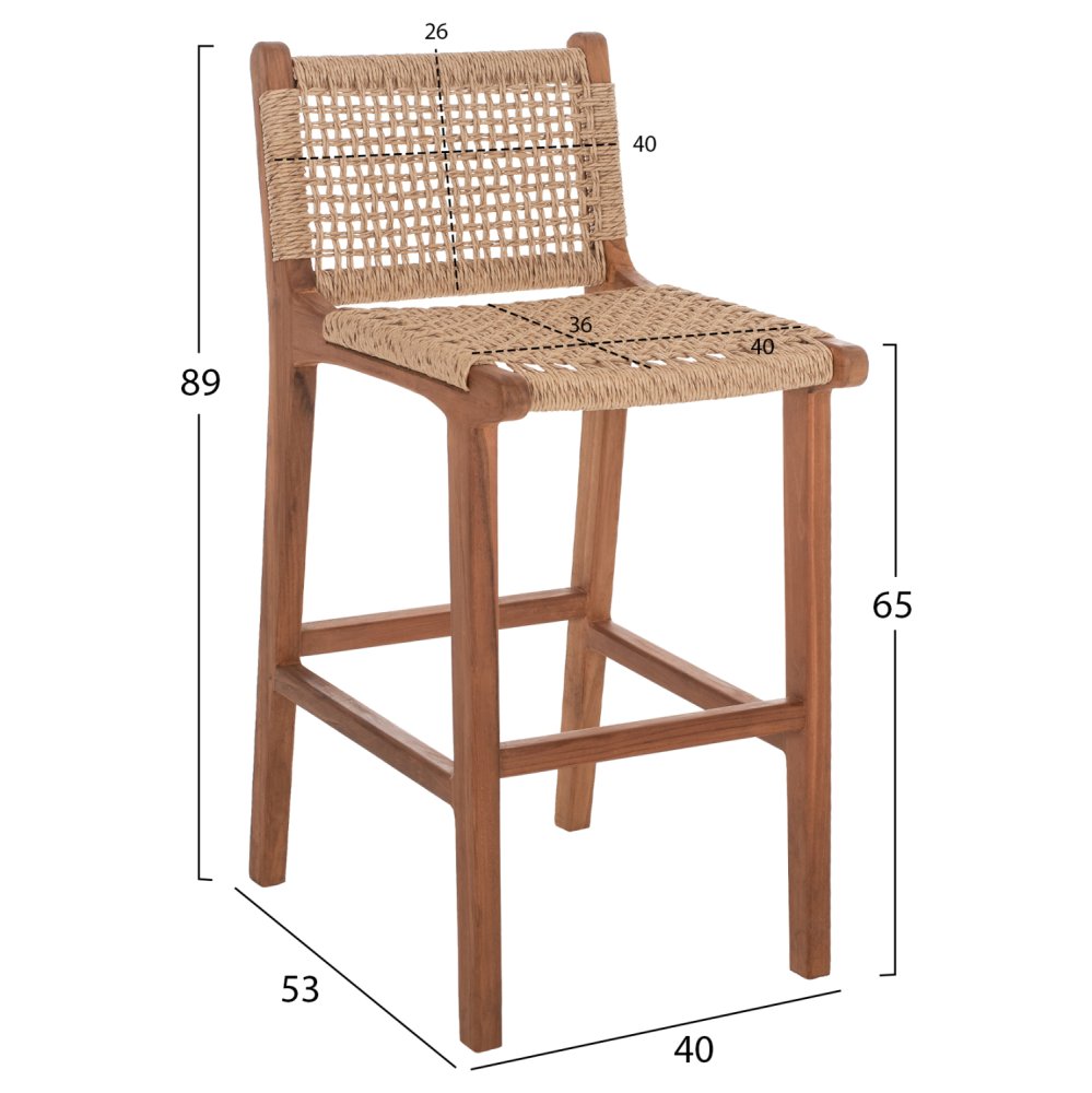 BARHOCKER MIT RÜCKENLEHNE AUSSEN TEAKHOLZ UND SEIL 40X53X89Hcm
