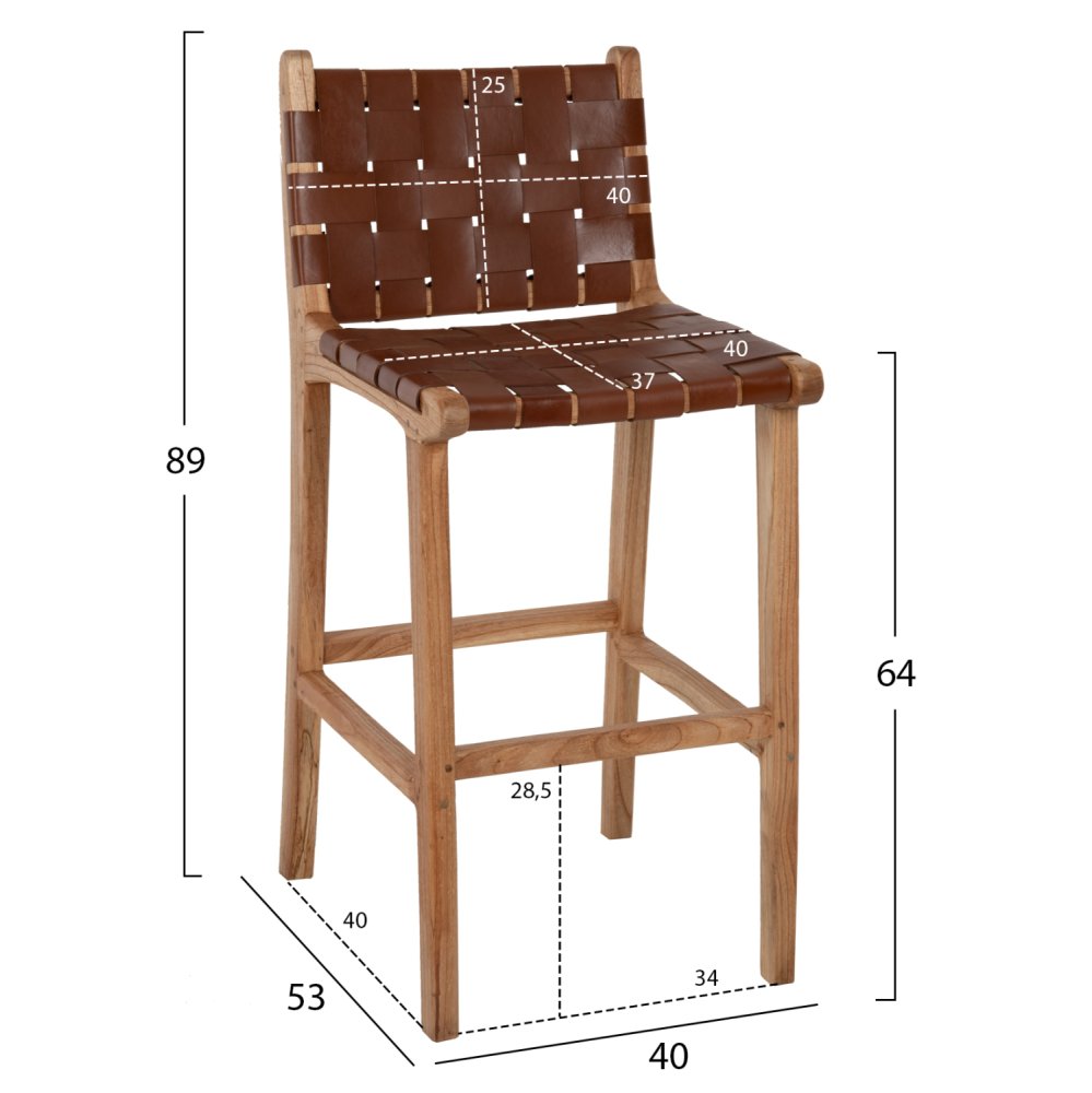 HOCKER MIT RÜCKENLEHNE HOCH, MINDIHOLZ, STRICKLEDER NATUR, 40X53X89H