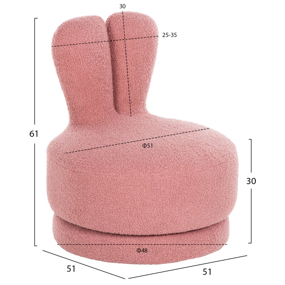 HOCKER MIT RÜCKENLEHNE DREHBAR MIT ROSA TEDDYSTOFF 51x51x61Hcm
