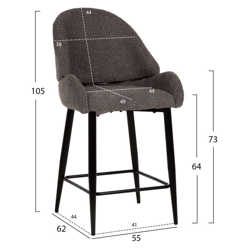 MITTELHOHER HOCKER AUS GRAUEM TEDDY BOUCLE STOFF MIT SCHWARZEN METALLBEINEN 55x62x105cm