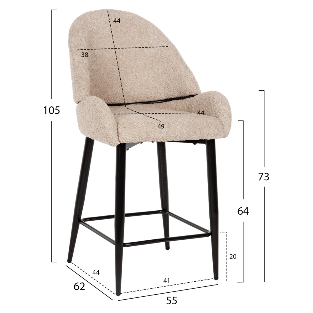 MITTELHOHER HOCKER AUS EKRU TEDDY BOUCLE STOFF MIT SCHWARZEN METALLBEINEN 55x62x105cm