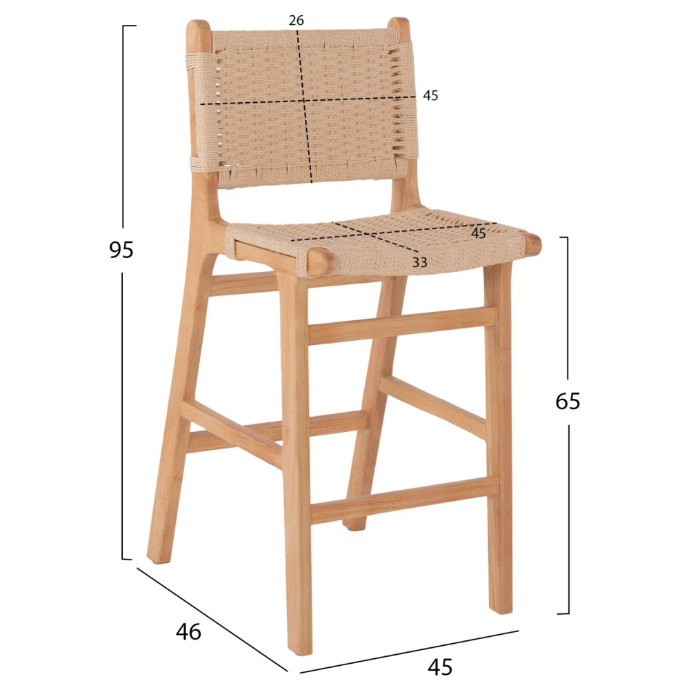 BARHOCKER MITTELHÖHE GUMMIBAUMHOLZ & SEIL – NATÜRLICH 45x46x95cm
