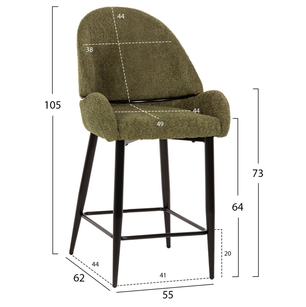 BAR STOOL MEDIUM HEIGHT GREEN BOUCLE FABRIC-BLACK METAL LEGS 55x62x105 cm