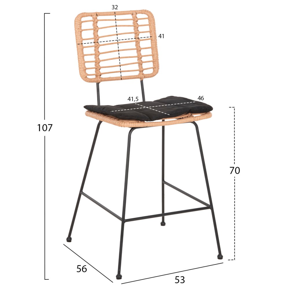 Barhocker, mittlere Höhe, Allegra aus Metall mit Kissen, schwarz, Korbgeflecht, beige, 53 x 56 x 107 cm