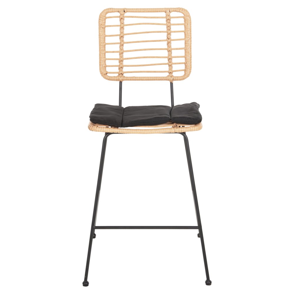 Barhocker, mittlere Höhe, Allegra aus Metall mit Kissen, schwarz, Korbgeflecht, beige, 53 x 56 x 107 cm