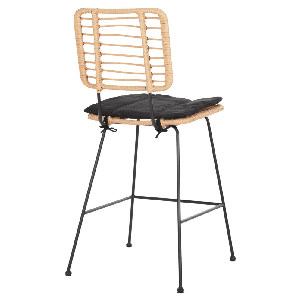 Barhocker, mittlere Höhe, Allegra aus Metall mit Kissen, schwarz, Korbgeflecht, beige, 53 x 56 x 107 cm