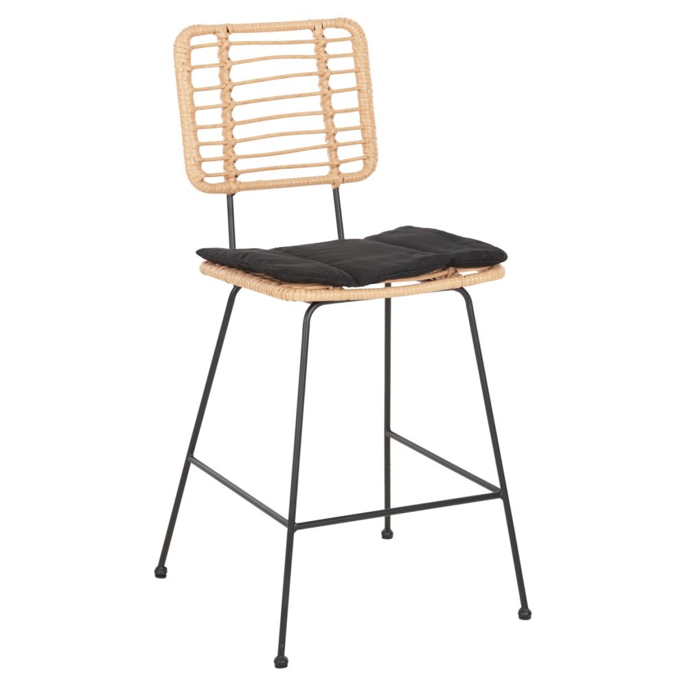 Barhocker, mittlere Höhe, Allegra aus Metall mit Kissen, schwarz, Korbgeflecht, beige, 53 x 56 x 107 cm
