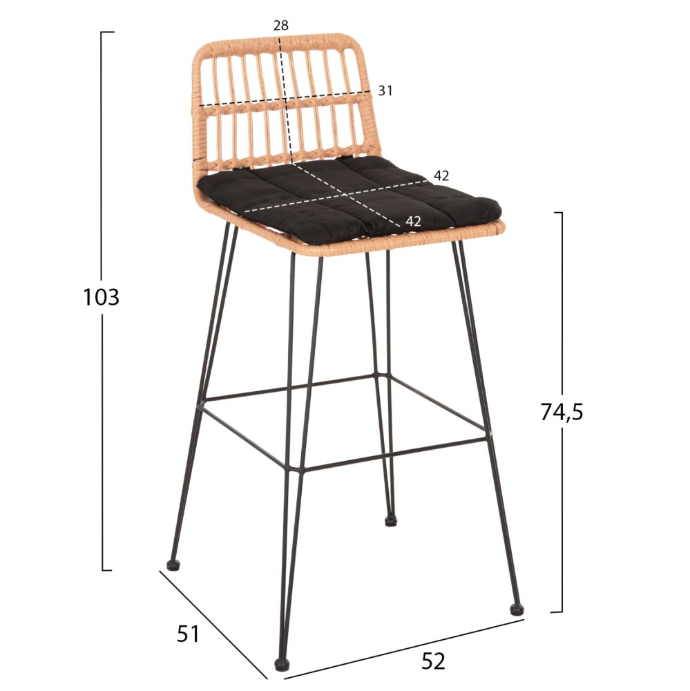 Barhocker Allegra aus Metall mit Kissen und schwarz-beigefarbenem Korbgeflecht, 52 x 51 x 103 H cm