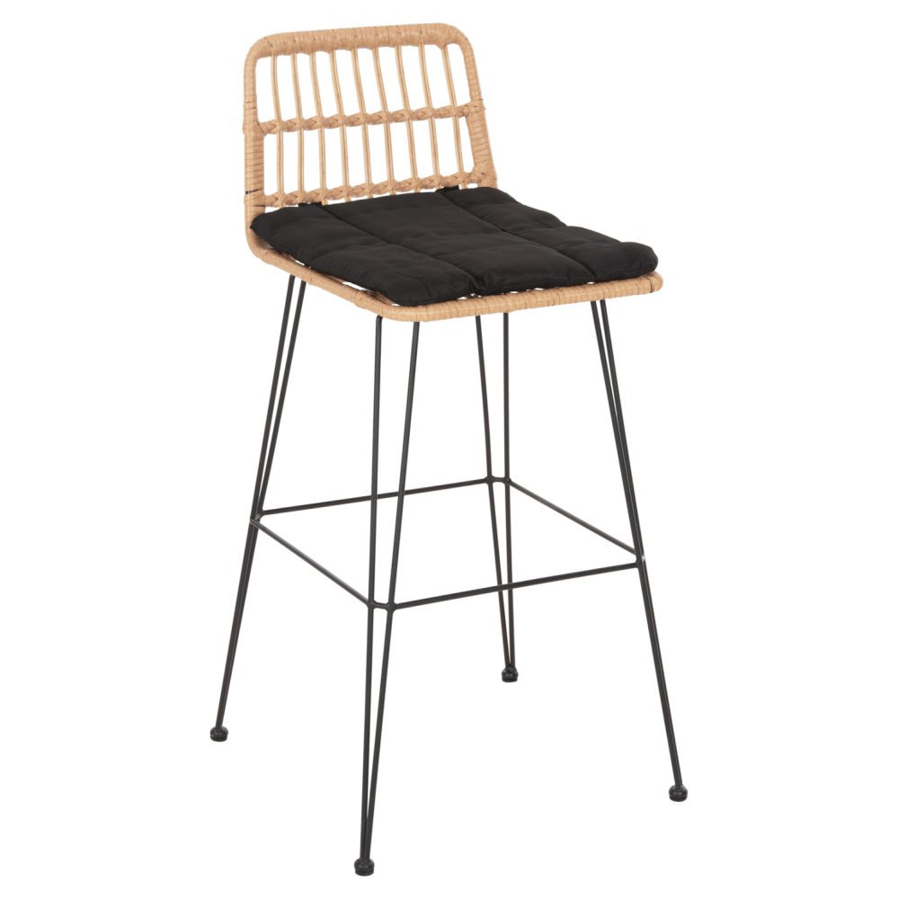 Barhocker Allegra aus Metall mit Kissen und schwarz-beigefarbenem Korbgeflecht, 52 x 51 x 103 H cm