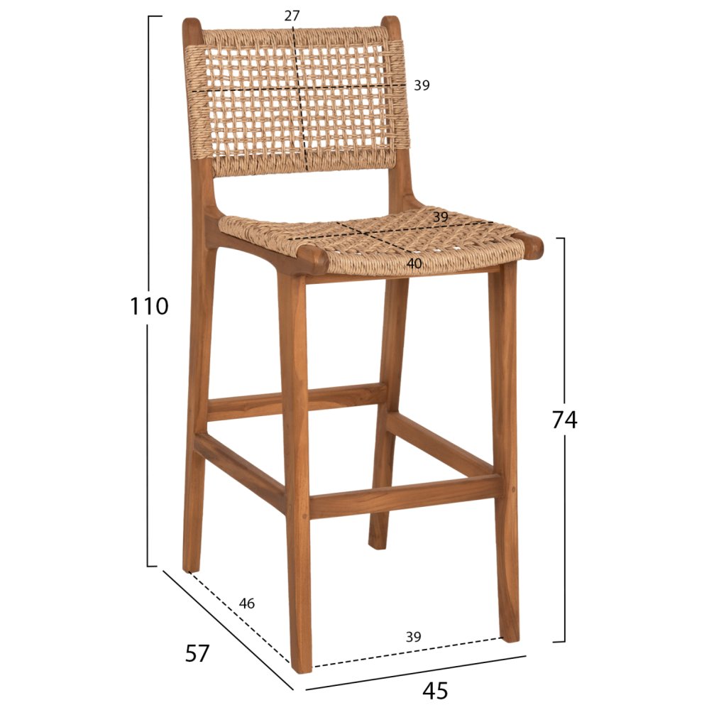 BAR STOOL WITH BACKREST TELLY TEAK WOOD IN NATURAL-BEIGE ROPE 45x57x110Hcm