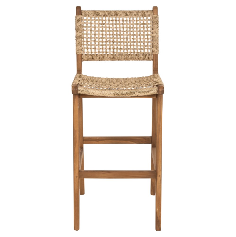 BAR STOOL WITH BACKREST TELLY TEAK WOOD IN NATURAL-BEIGE ROPE 45x57x110Hcm