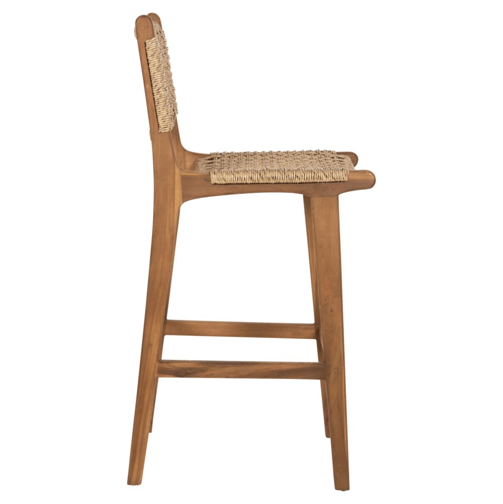 BAR STOOL WITH BACKREST TELLY TEAK WOOD IN NATURAL-BEIGE ROPE 45x57x110Hcm