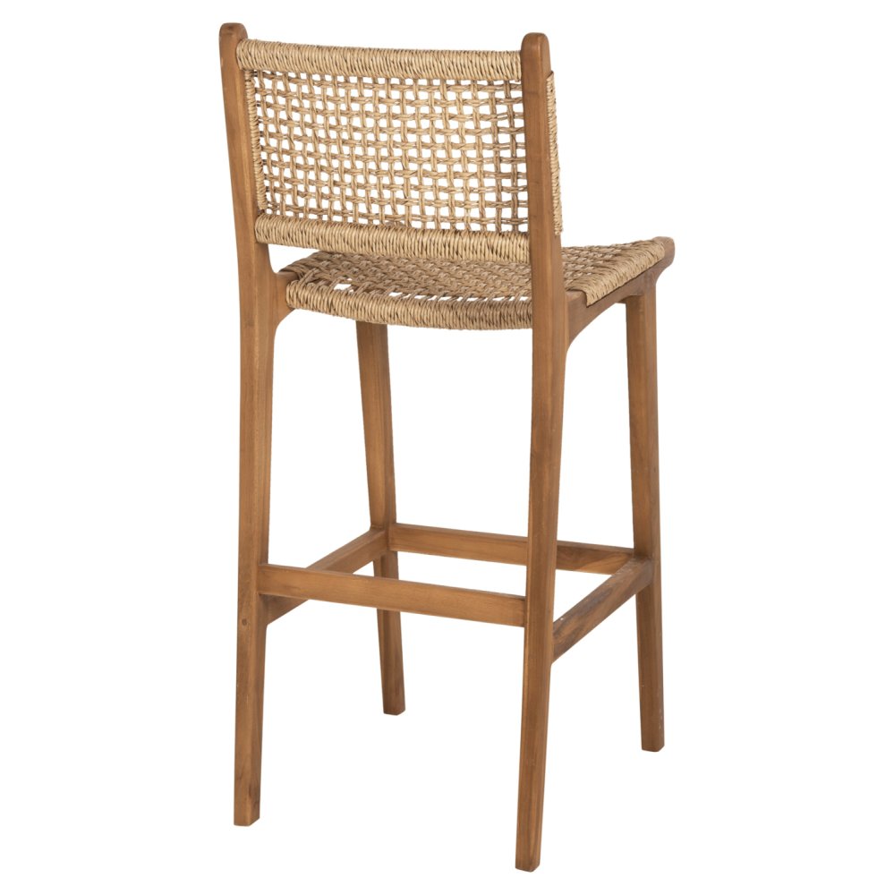 BAR STOOL WITH BACKREST TELLY TEAK WOOD IN NATURAL-BEIGE ROPE 45x57x110Hcm