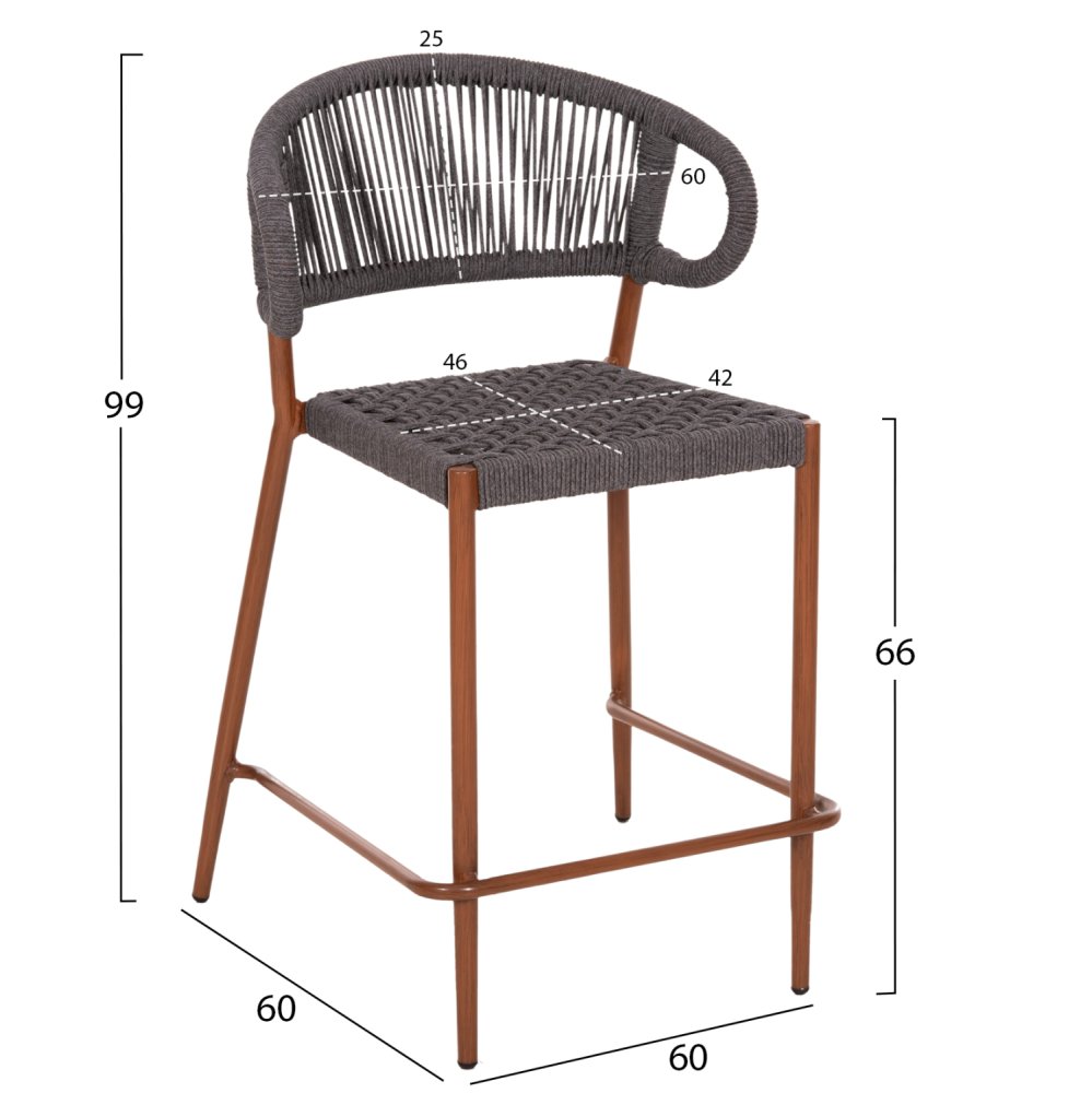 Barhocker mittlere Höhe EULO Aluminium in Walnuss-Kunstrattan in Grau 60x60x99Hcm