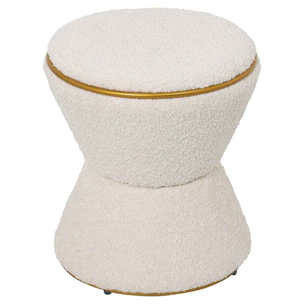HOCKER RUND BOUCLE STOFF ECRU-GOLD DETAIL Φ38,5x43Hcm