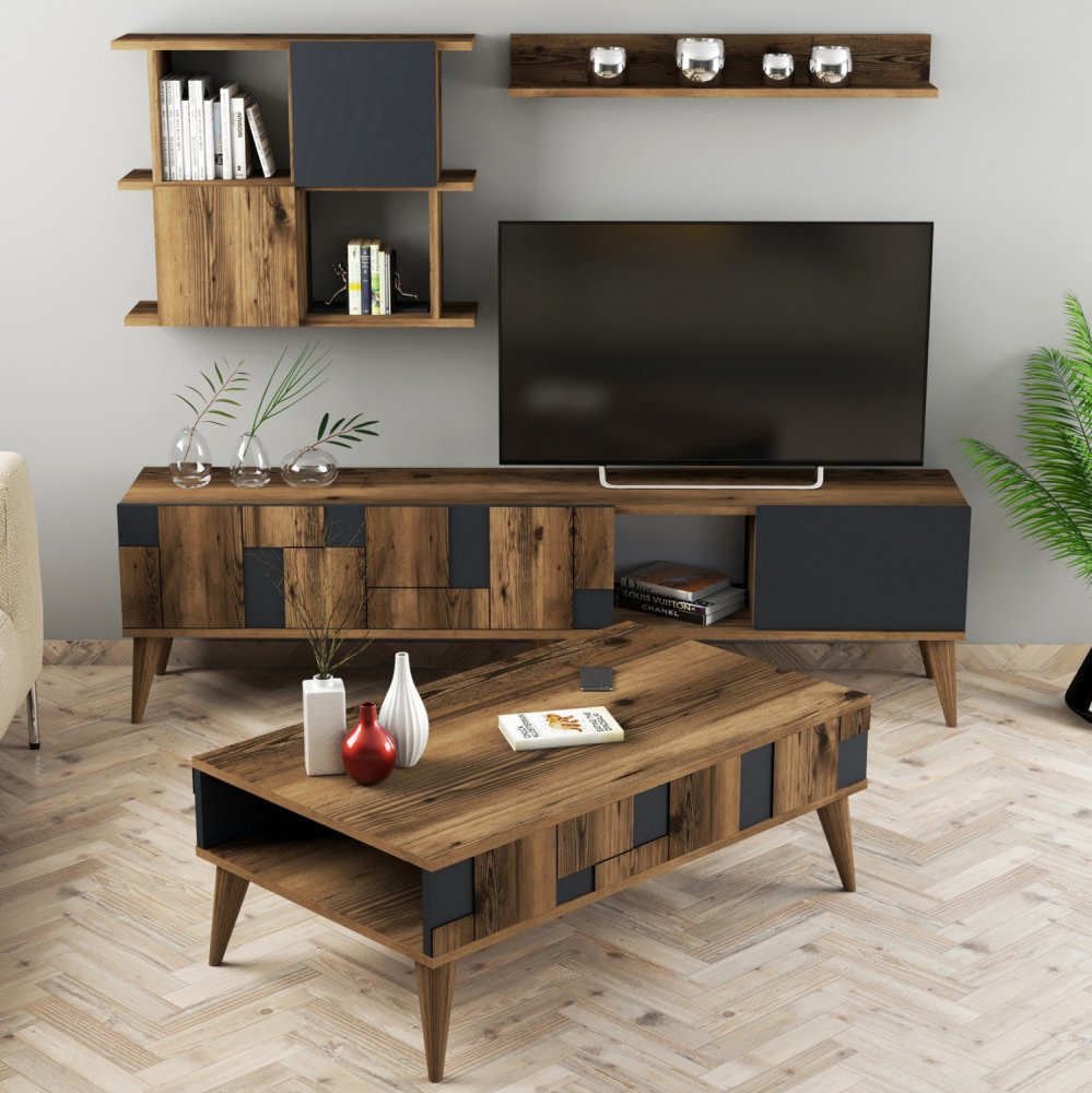 MELAMIN-FERNSEHMÖBEL AUS NUSSBAUM UND SCHWARZ 180x33,8x48,6cm