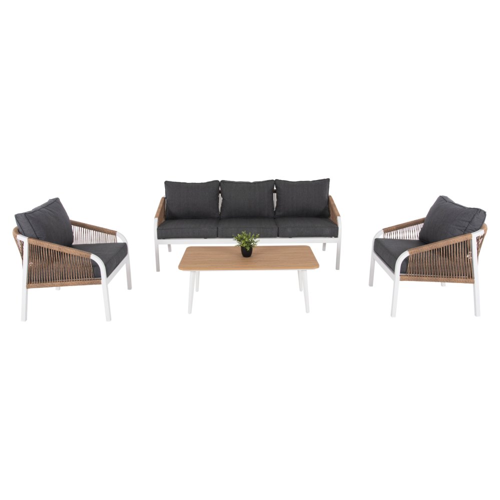OUTDOOR-LOUNGE-SET 4-teilig WEISSES ALUMINIUM-PE-TWIST-SEIL-ANTHRAZIT-KISSEN