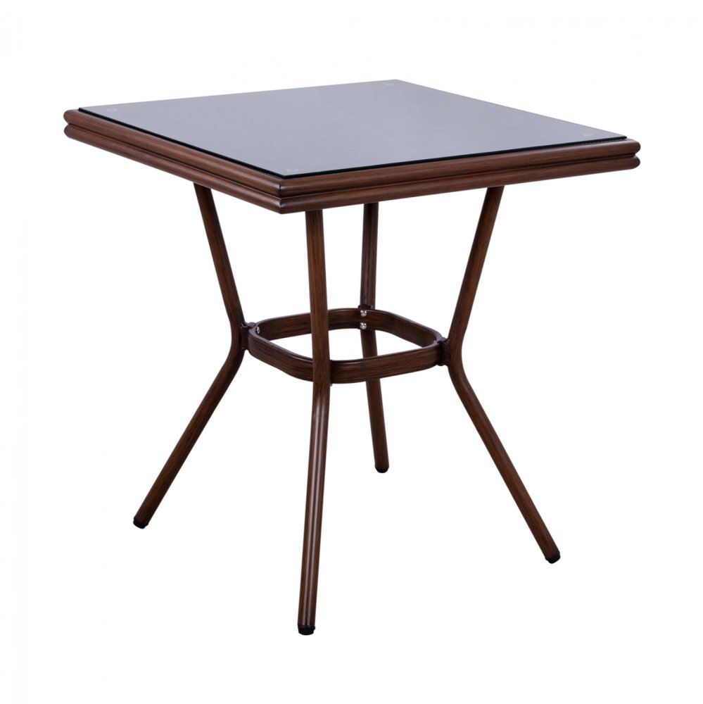 Outdoor-Tisch aus Aluminium in Bambusoptik in braun 70 x 70 x 76 cm.