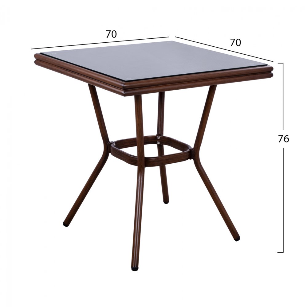 Outdoor-Tisch aus Aluminium in Bambusoptik in braun 70 x 70 x 76 cm.