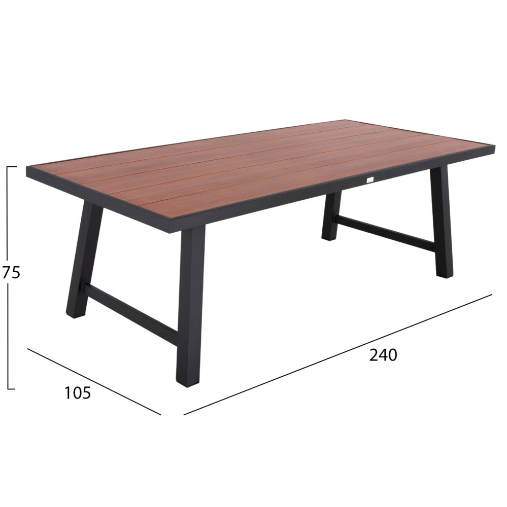 OUTDOOR-ALUMINIUMTISCH GOBAR ANTHRAZIT MIT HOLZÄHNLICHER TISCHPLATTE 240Χ105Χ75Hcm
