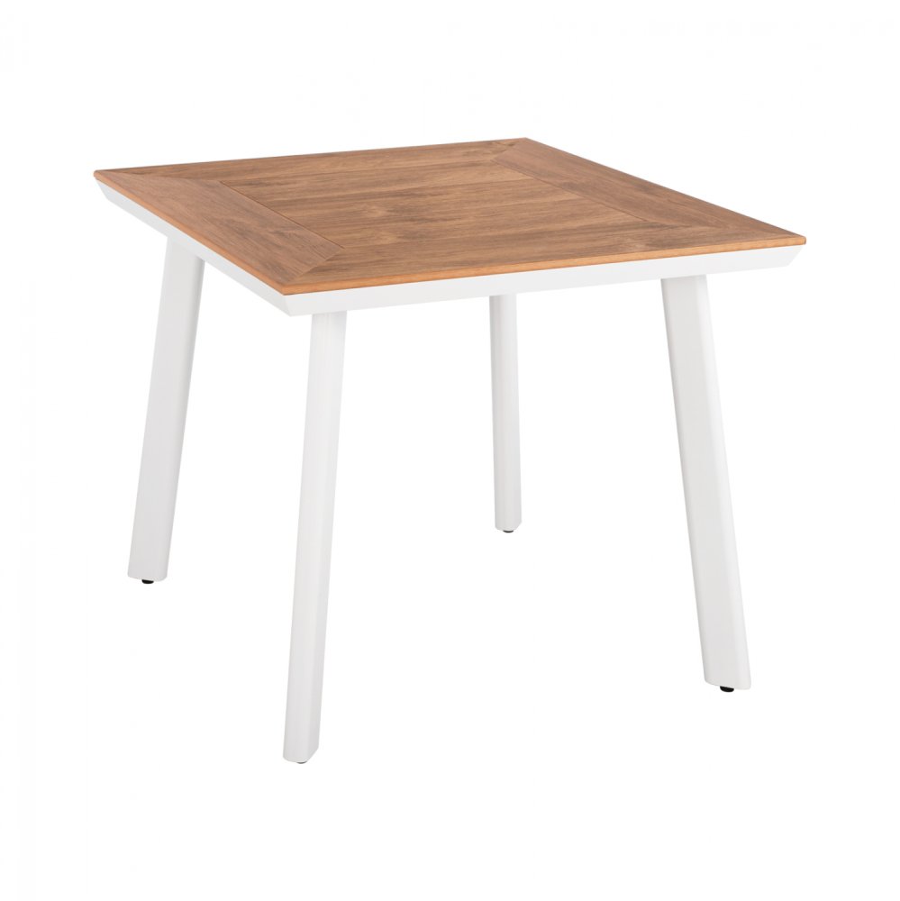 Weißer Aluminiumtisch mit Polywood-oberfläche 80x80xh73 cm.