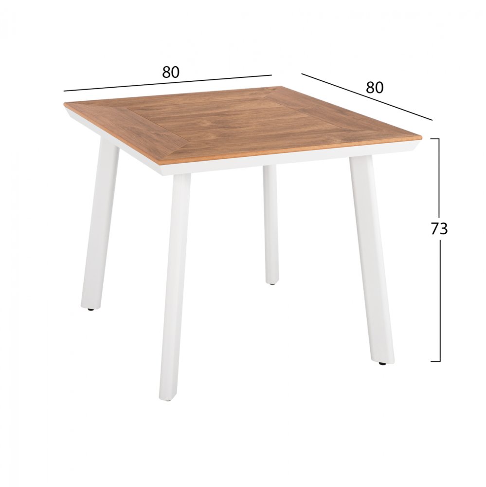 Weißer Aluminiumtisch mit Polywood-oberfläche 80x80xh73 cm.