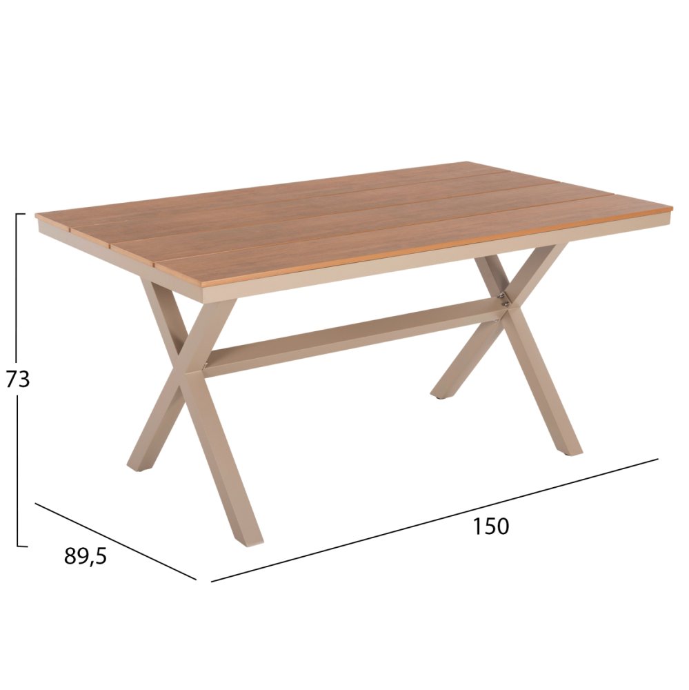RECHTECKIGER ALUMINIUMTISCH CHAMPAGNERFARBE-POLYWOOD IN NATURHOLZ 150x89,5x73H