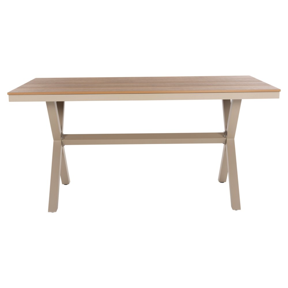 RECHTECKIGER ALUMINIUMTISCH CHAMPAGNERFARBE-POLYWOOD IN NATURHOLZ 150x89,5x73H