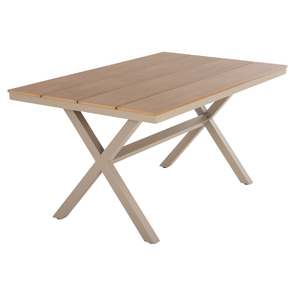 RECHTECKIGER ALUMINIUMTISCH CHAMPAGNERFARBE-POLYWOOD IN NATURHOLZ 150x89,5x73H