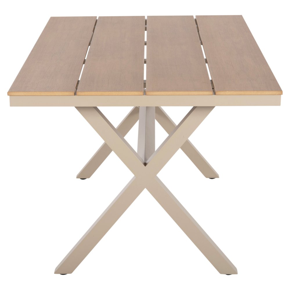 RECHTECKIGER ALUMINIUMTISCH CHAMPAGNERFARBE-POLYWOOD IN NATURHOLZ 150x89,5x73H