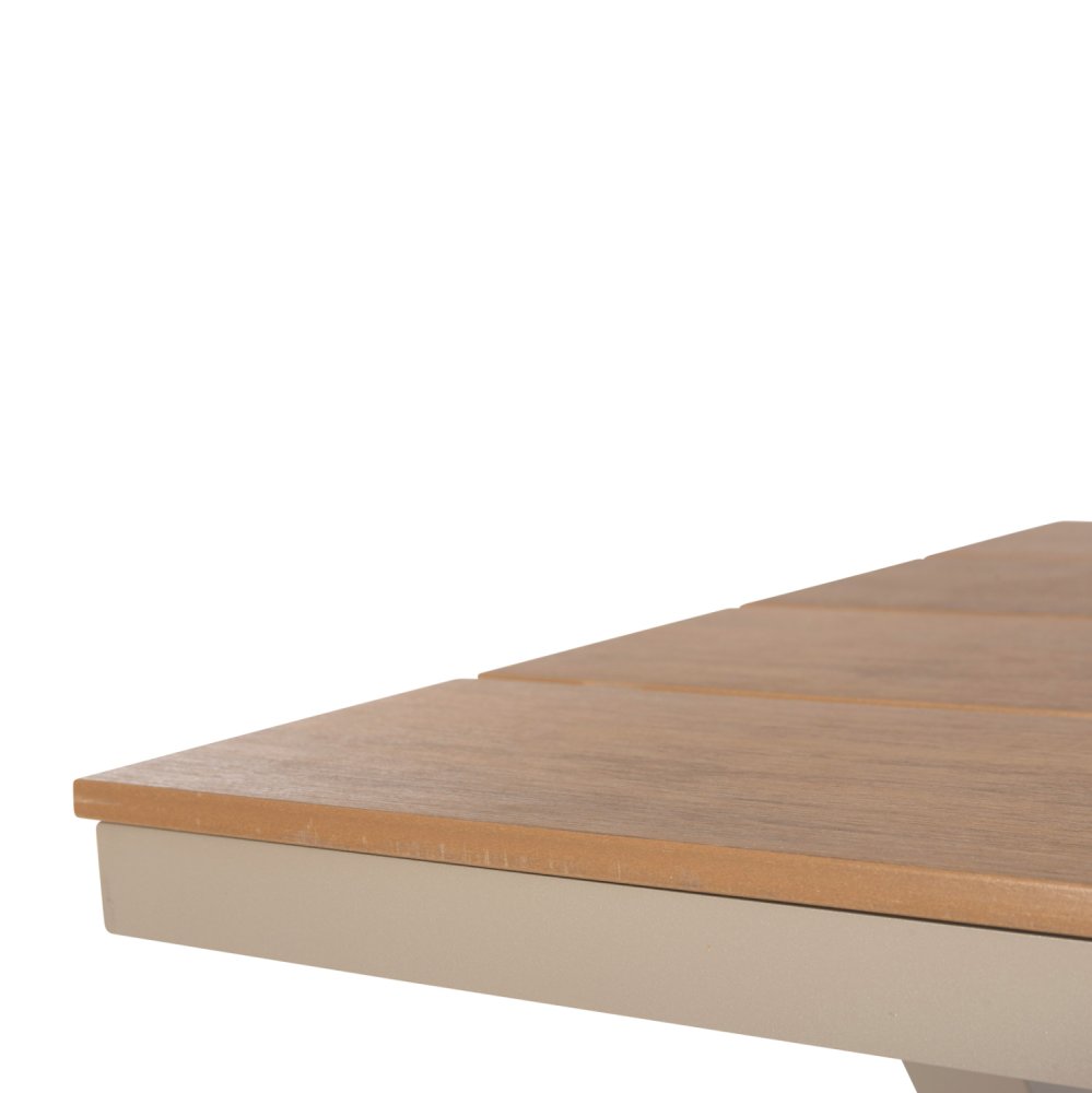 RECHTECKIGER ALUMINIUMTISCH CHAMPAGNERFARBE-POLYWOOD IN NATURHOLZ 150x89,5x73H