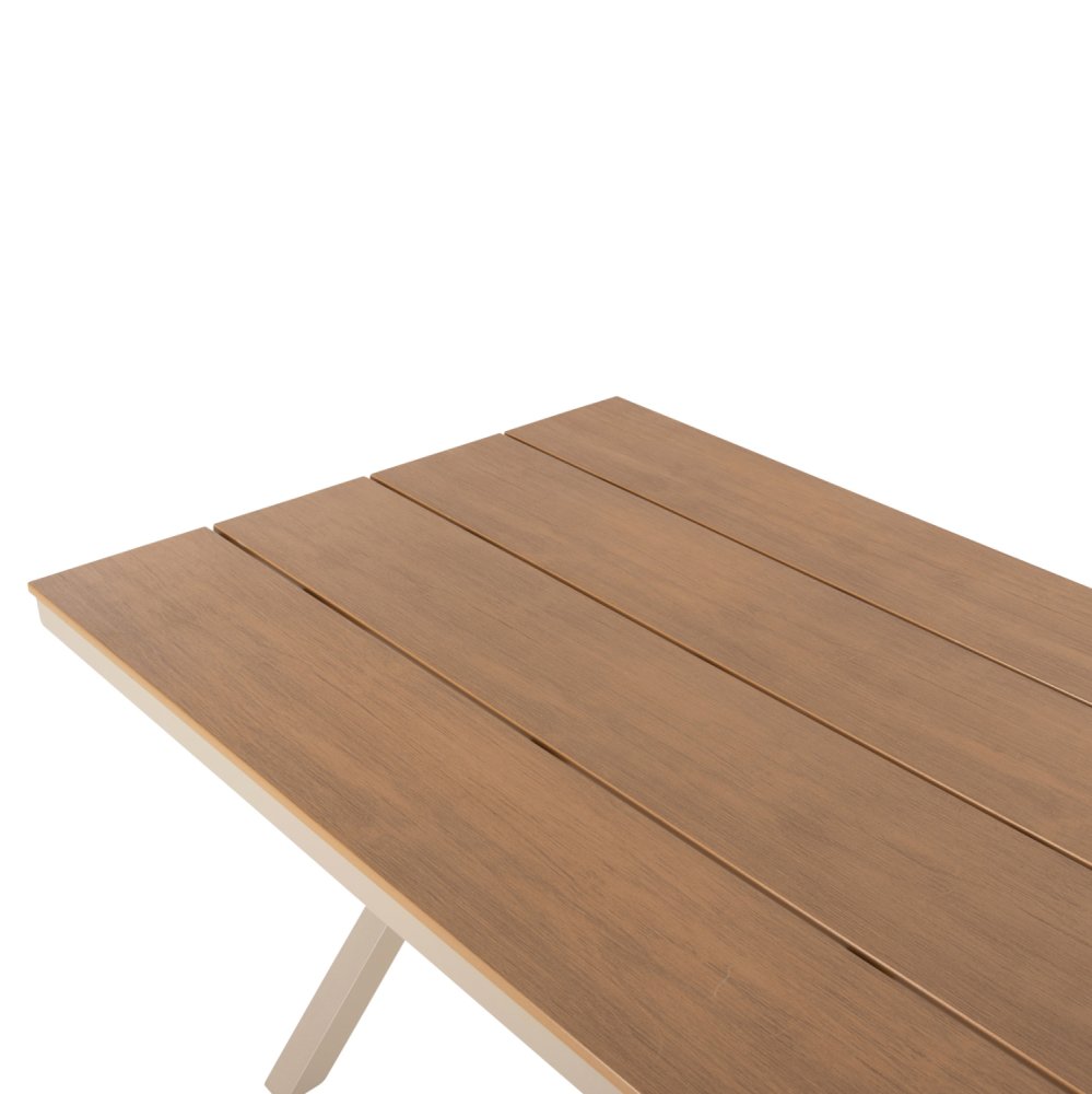 RECHTECKIGER ALUMINIUMTISCH CHAMPAGNERFARBE-POLYWOOD IN NATURHOLZ 150x89,5x73H