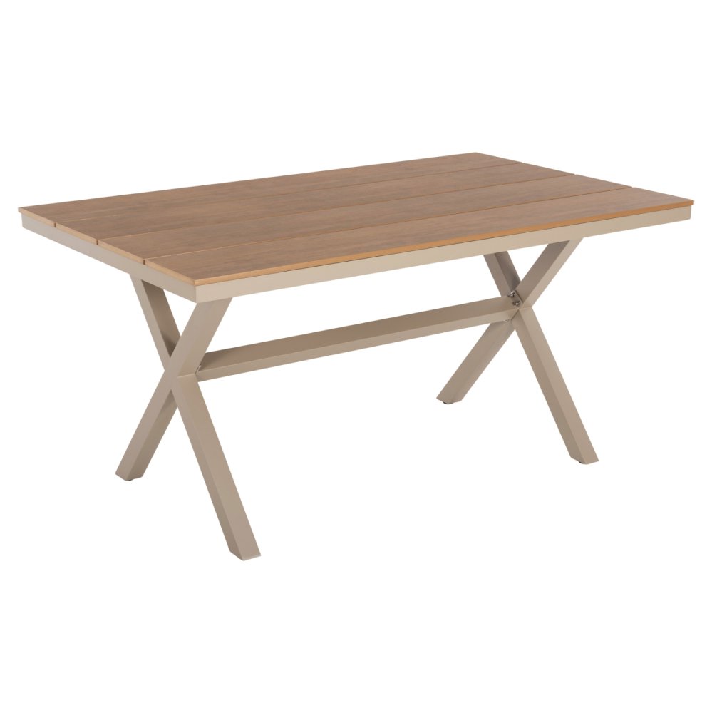 RECHTECKIGER ALUMINIUMTISCH CHAMPAGNERFARBE-POLYWOOD IN NATURHOLZ 150x89,5x73H