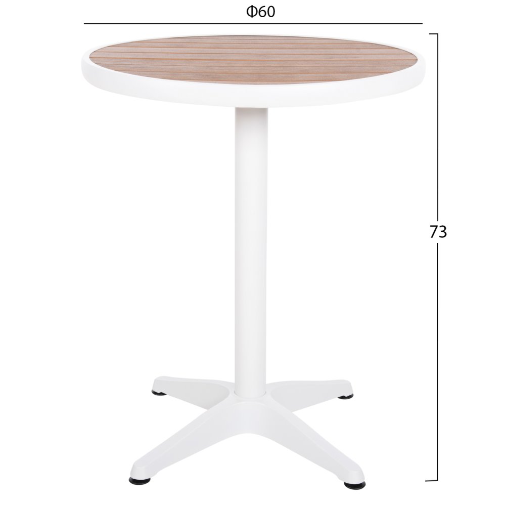 RUNDER ALUMINIUMTISCH WEIß-POLYWOOD-TOP IN NATURFARBE Φ60x73Hcm