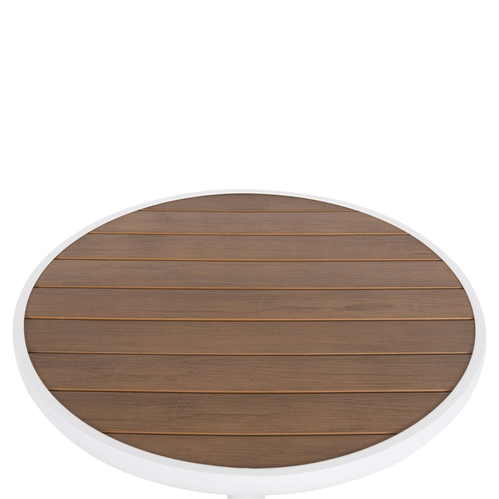 RUNDER ALUMINIUMTISCH WEIß-POLYWOOD-TOP IN NATURFARBE Φ60x73Hcm