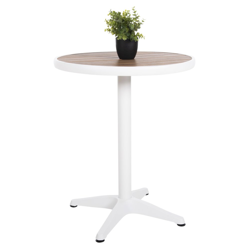 RUNDER ALUMINIUMTISCH WEIß-POLYWOOD-TOP IN NATURFARBE Φ60x73Hcm