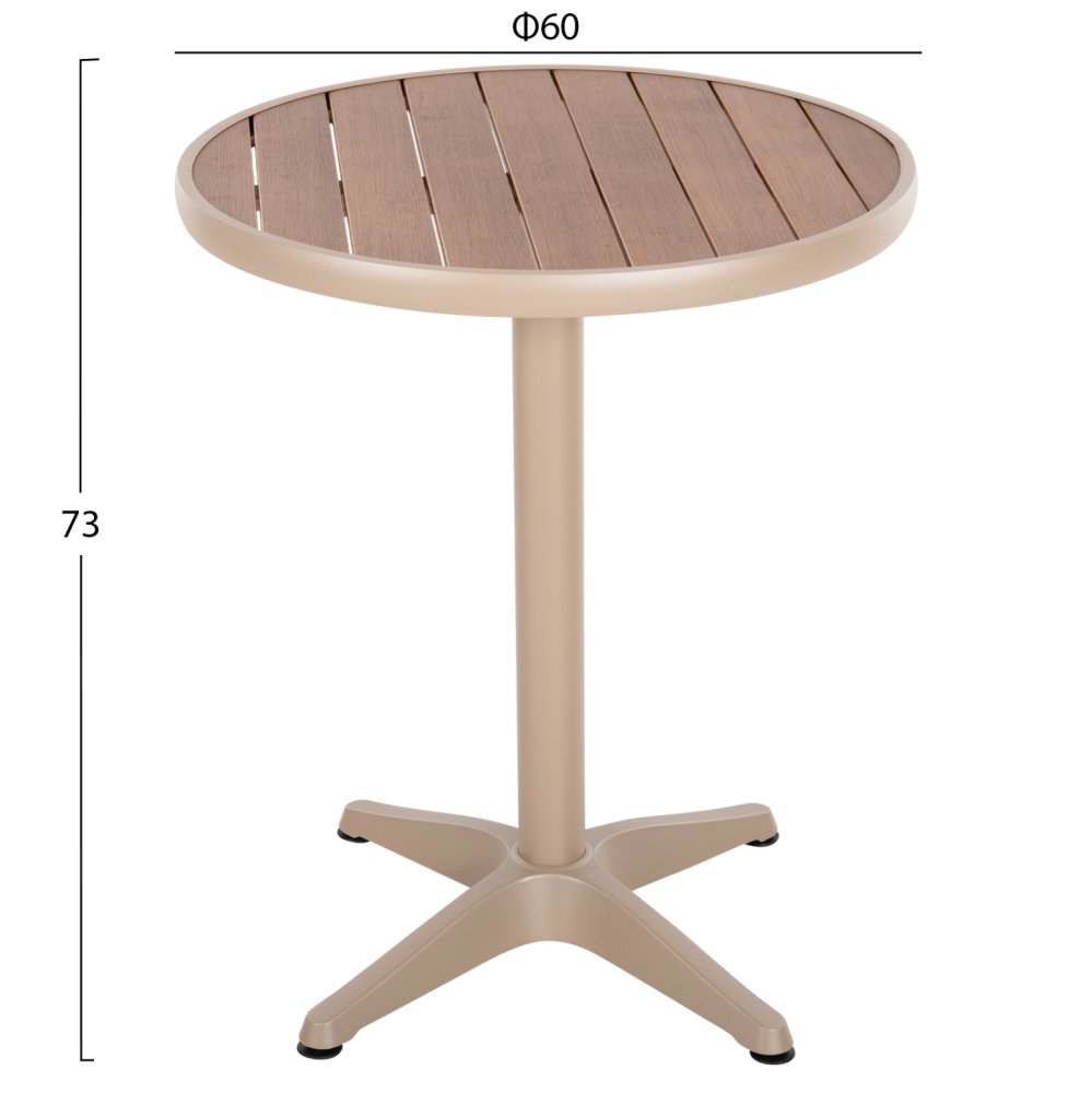 RUNDER ALUMINIUMTISCH CHAMPAGNER FARBE-POLYWOOD-TOP IN NATURFARBE Φ60x73Hcm