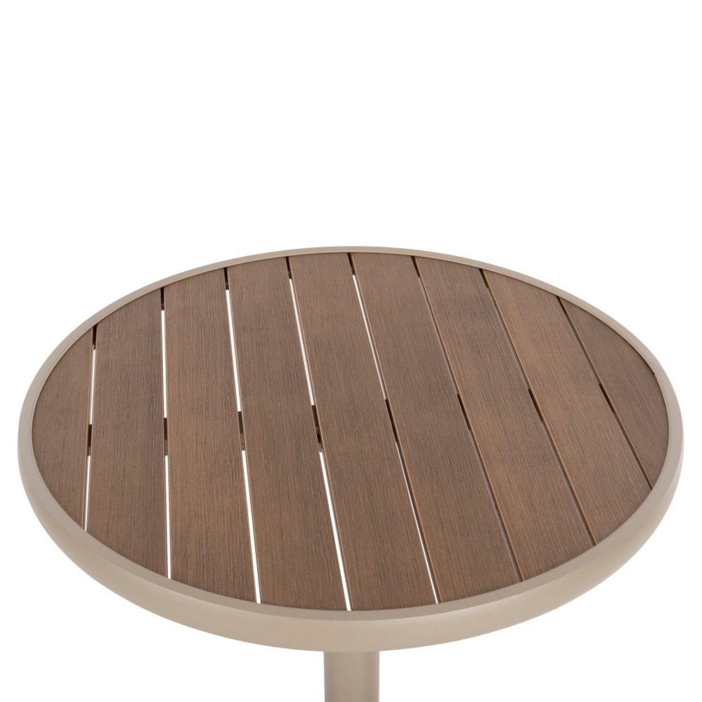 RUNDER ALUMINIUMTISCH CHAMPAGNER FARBE-POLYWOOD-TOP IN NATURFARBE Φ60x73Hcm