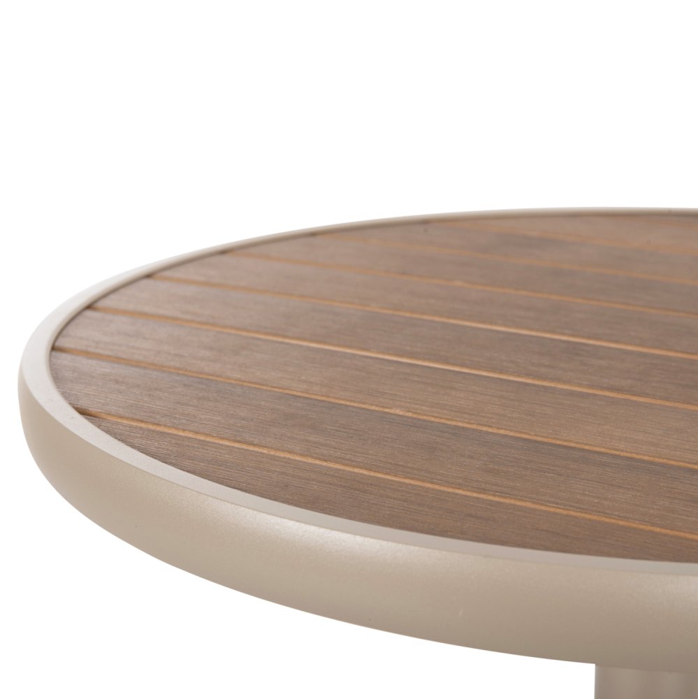 RUNDER ALUMINIUMTISCH CHAMPAGNER FARBE-POLYWOOD-TOP IN NATURFARBE Φ60x73Hcm
