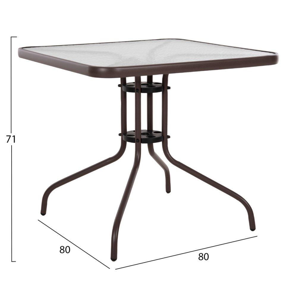 OUTDOOR-TISCH QUADRATISCH FIGO BRAUN METALL-GLAS TISCHPLATTE 80Χ80Χ71Hcm