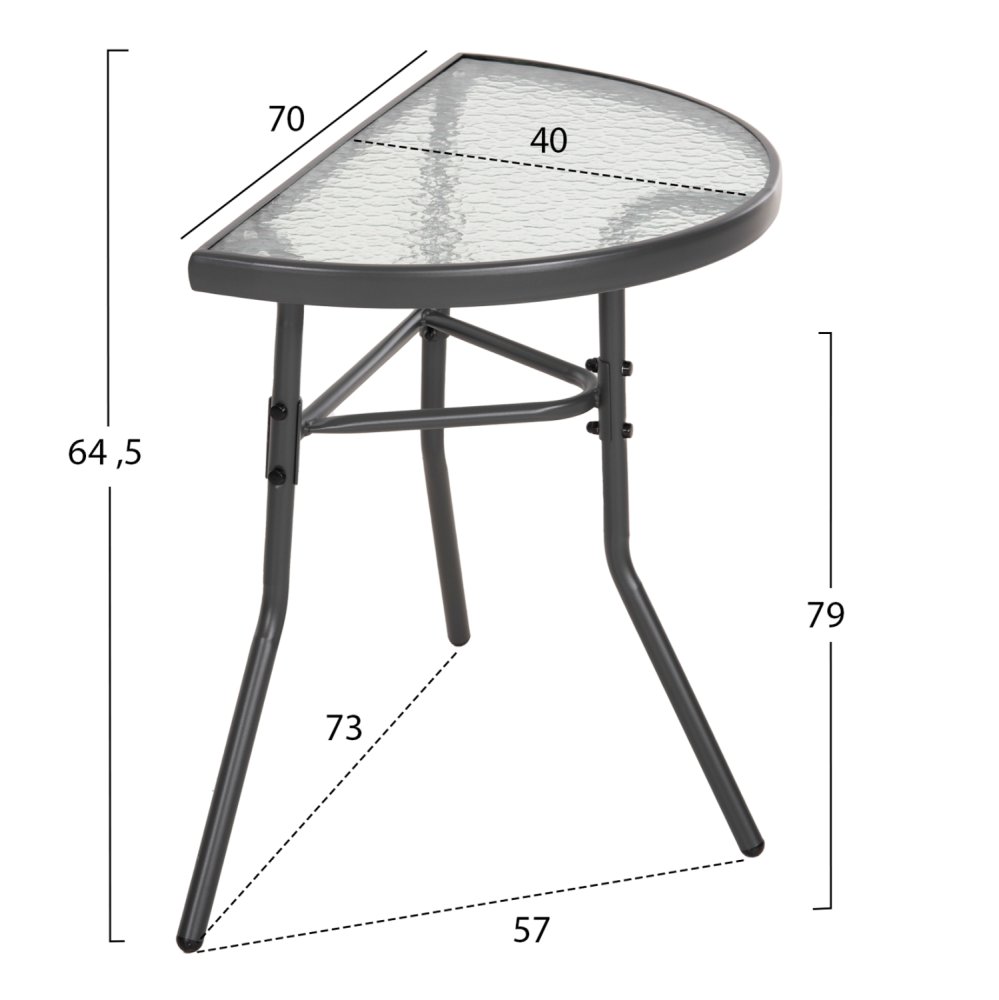 Halbrunder Tisch LIMA Metallic-Grau mit Glasplatte 70 x 40 x 64,5 cm.