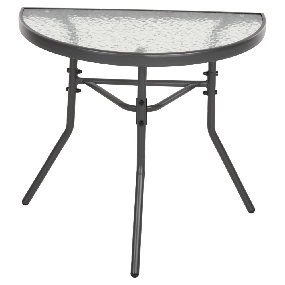 Halbrunder Tisch LIMA Metallic-Grau mit Glasplatte 70 x 40 x 64,5 cm.