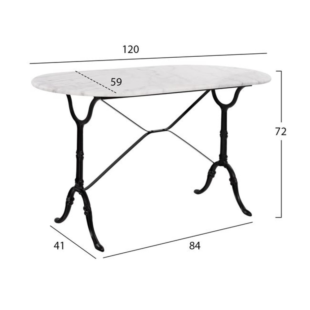 Komplett-Tisch aus Gusseisen mit ovaler Marmoroberfläche 120x59xH72 cm.