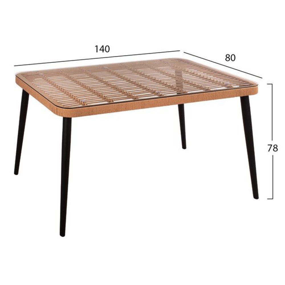 Metalltisch aus schwarzem Metall und Korbgeflecht 140x80x78 cm