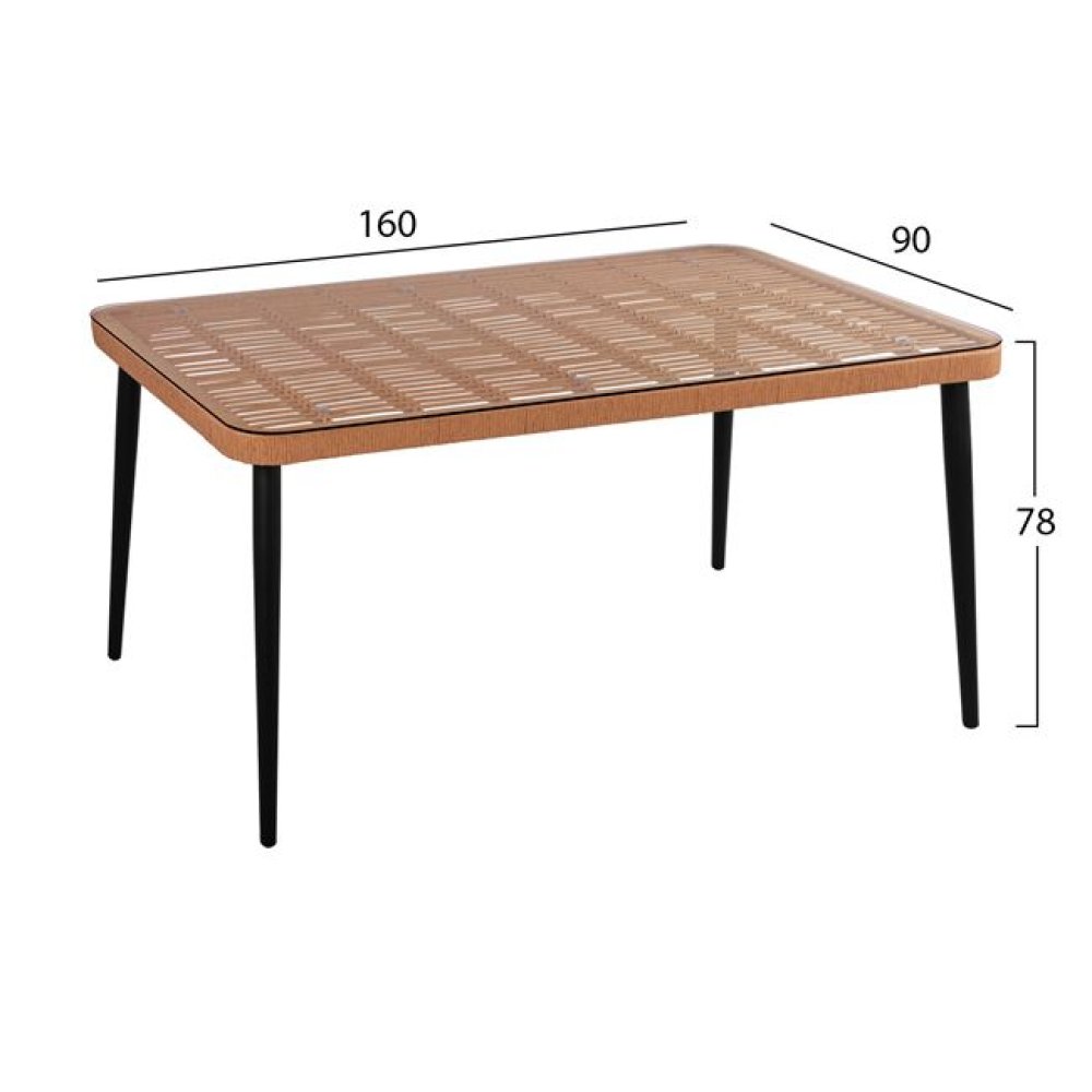 Metal table made of black metal and wicker 160x90x78 cm.