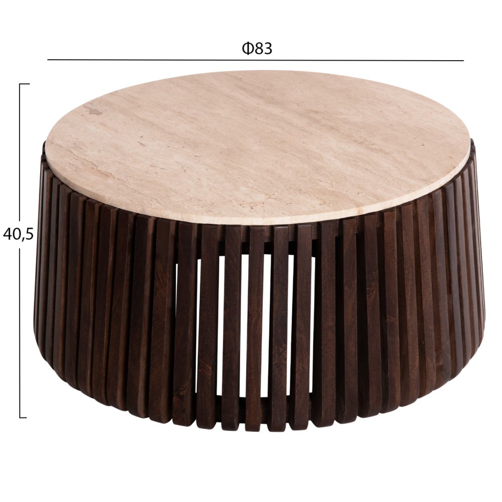 KREST WOHNZIMMERTISCH MASSIVES AKAZIENHOLZ IN BRAUN-TRAVERTIN Φ90x40cm