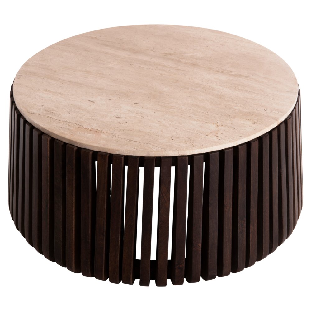 KREST WOHNZIMMERTISCH MASSIVES AKAZIENHOLZ IN BRAUN-TRAVERTIN Φ90x40cm