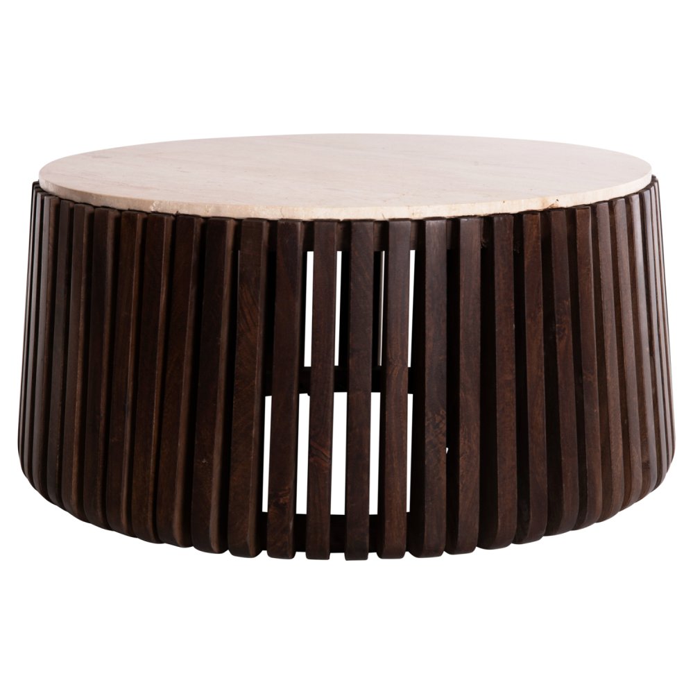 KREST WOHNZIMMERTISCH MASSIVES AKAZIENHOLZ IN BRAUN-TRAVERTIN Φ90x40cm