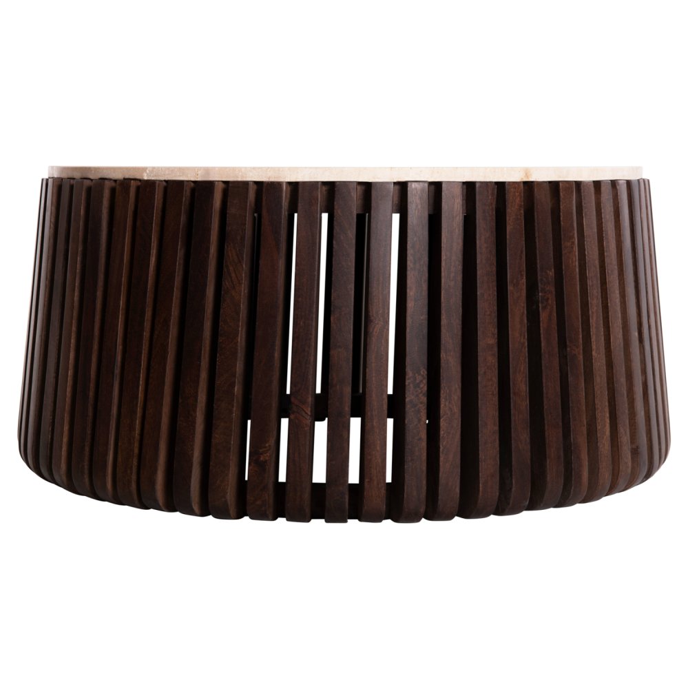 KREST WOHNZIMMERTISCH MASSIVES AKAZIENHOLZ IN BRAUN-TRAVERTIN Φ90x40cm