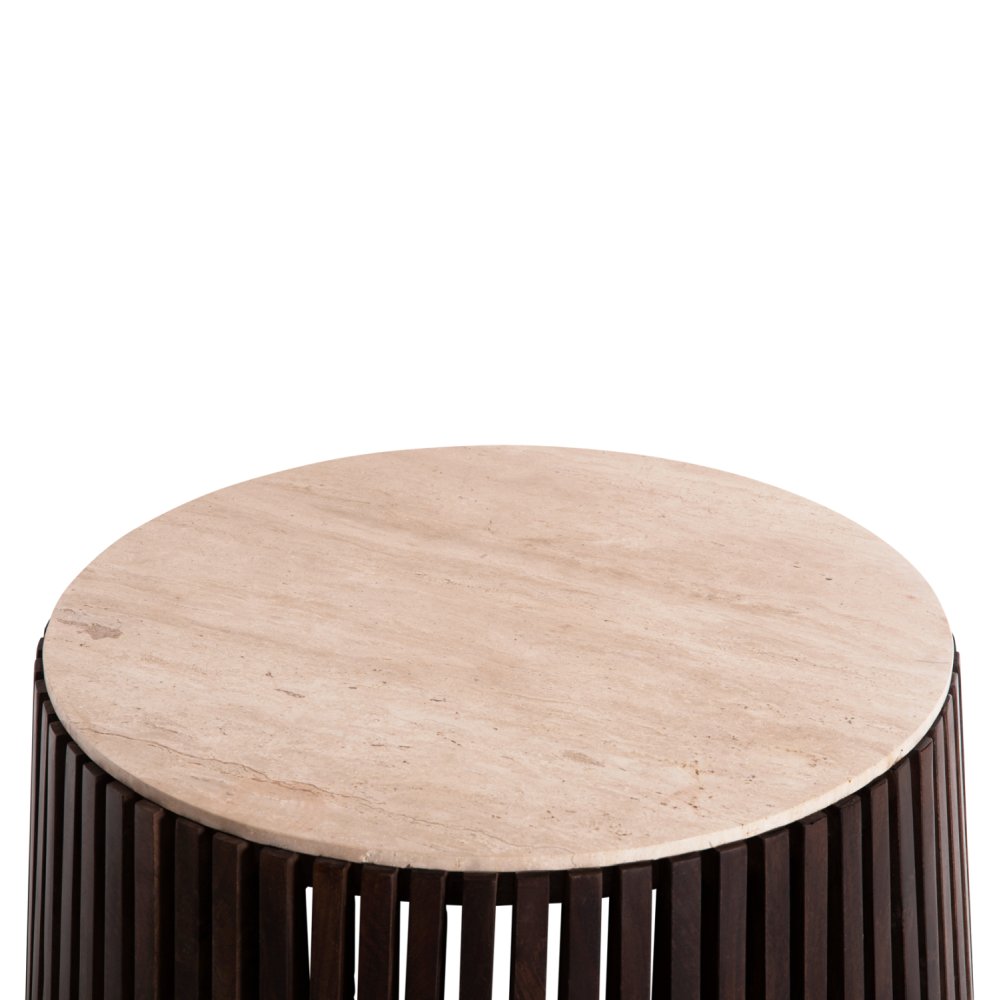 KREST WOHNZIMMERTISCH MASSIVES AKAZIENHOLZ IN BRAUN-TRAVERTIN Φ90x40cm